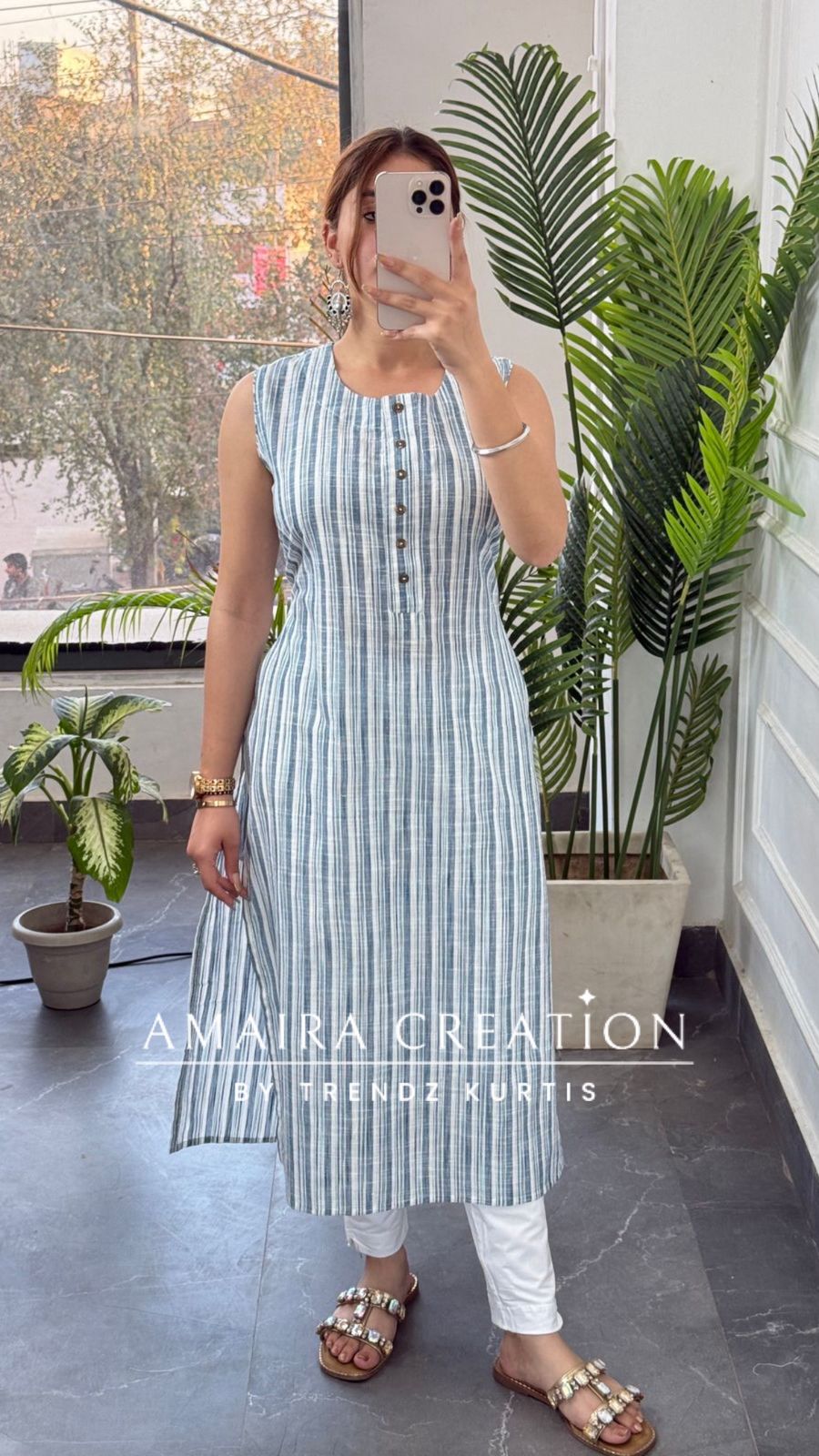 Premium Cotton White Blue Stripe Pattern Kurti (17 inches sleeves available)