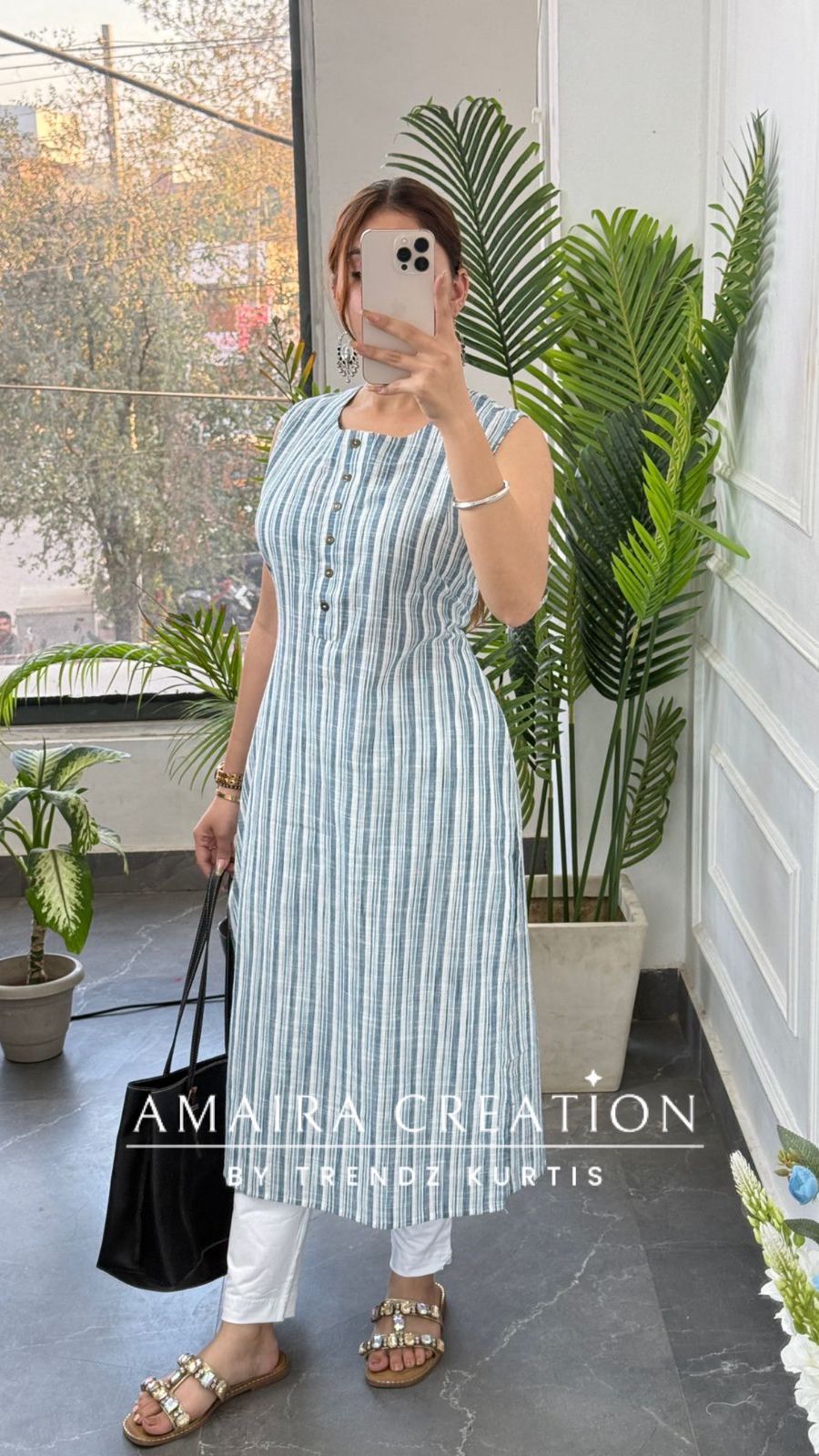 Premium Cotton White Blue Stripe Pattern Kurti (17 inches sleeves available)