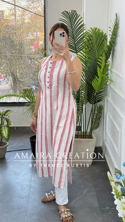 Premium Cotton Stripe Pattern Pink White Kurti (17 inches available)