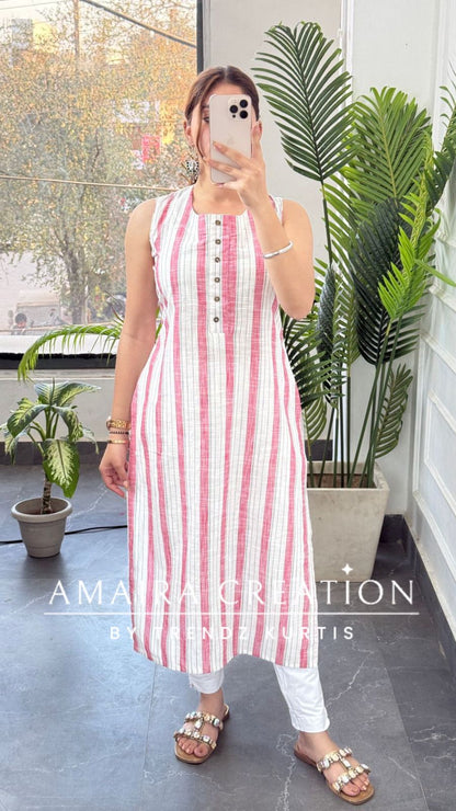Premium Cotton Stripe Pattern Pink White Kurti (17 inches available)