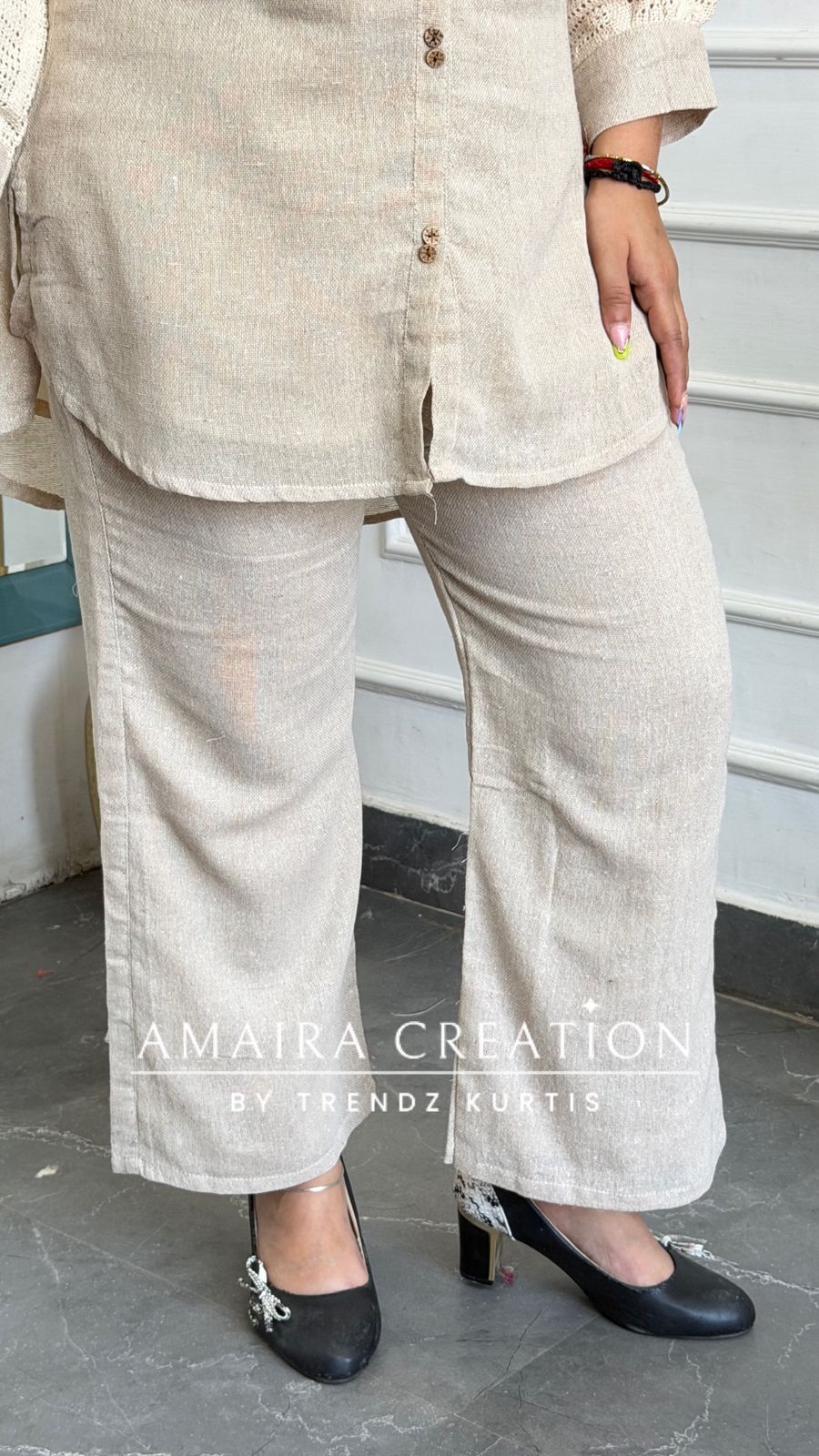 Premium Jute Cotton Beige Colour Floral Embroidered Cord Set