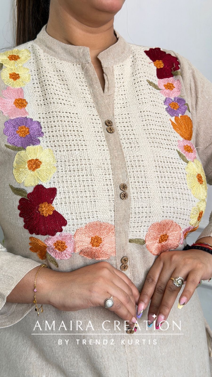 Premium Jute Cotton Beige Colour Floral Embroidered Cord Set