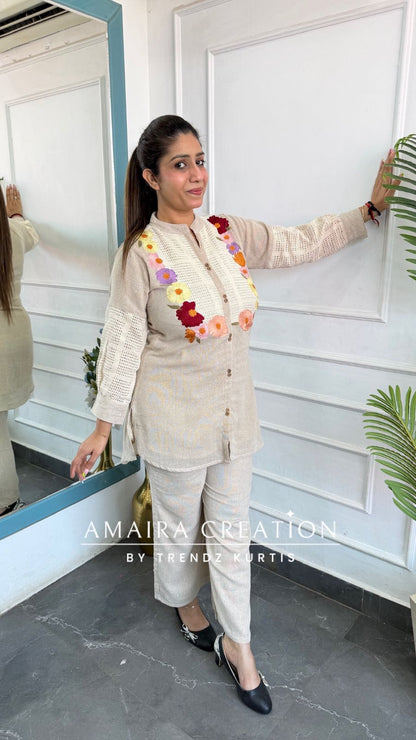 Premium Jute Cotton Beige Colour Floral Embroidered Cord Set