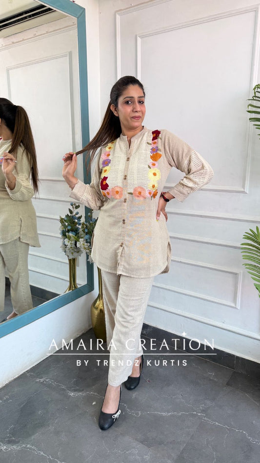 Premium Jute Cotton Beige Colour Floral Embroidered Cord Set