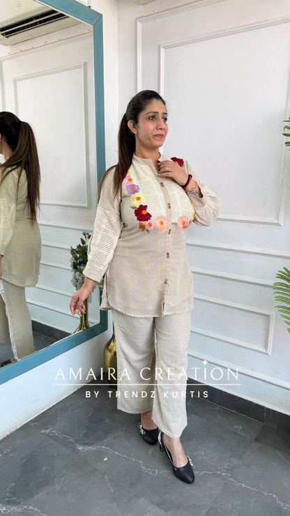 Premium Jute Cotton Beige Colour Floral Embroidered Cord Set