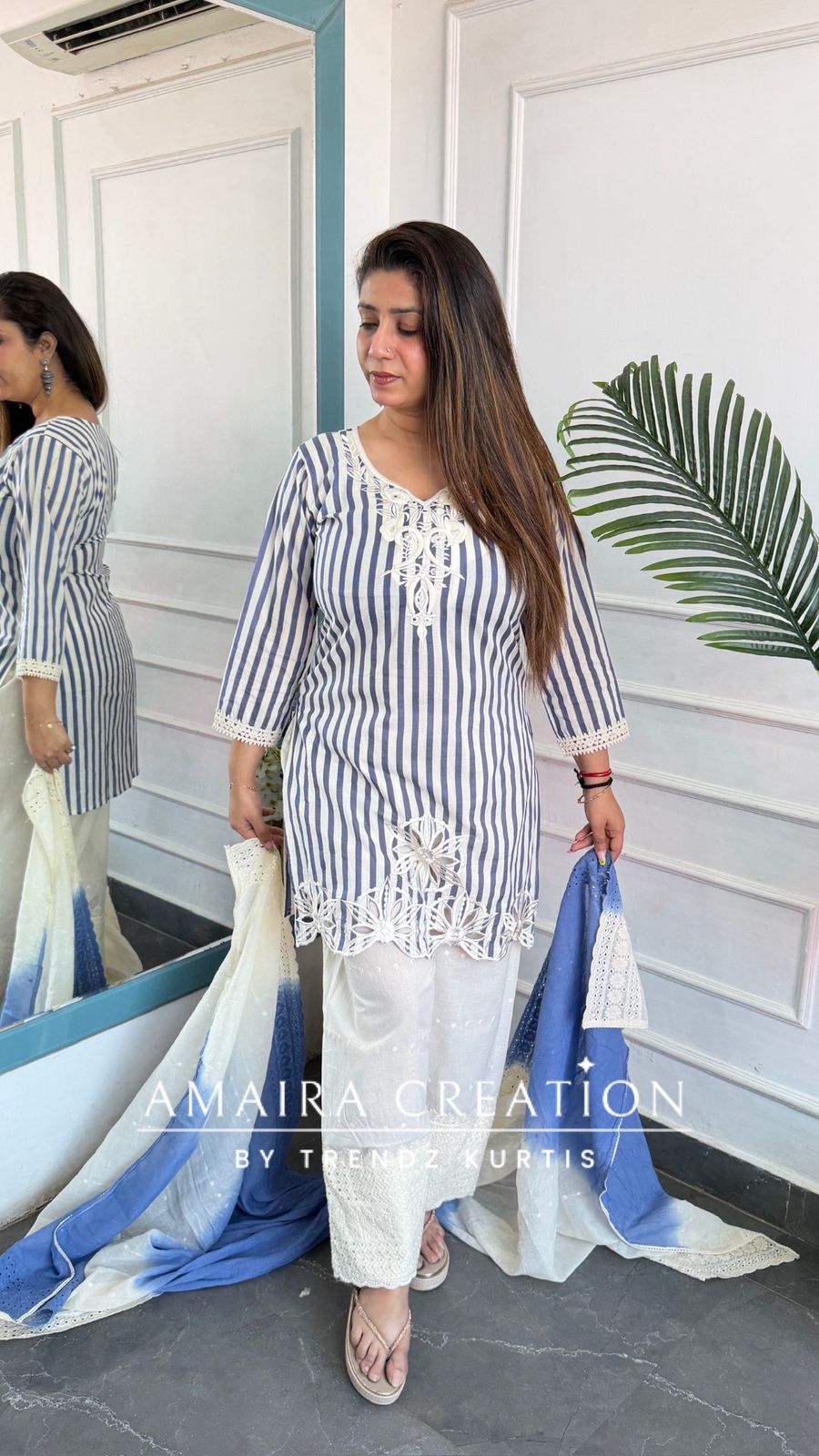 Premium Cotton Sky Blue Color Chicken Cotton Farsi Salwar Set With Tie Dye Dupatta