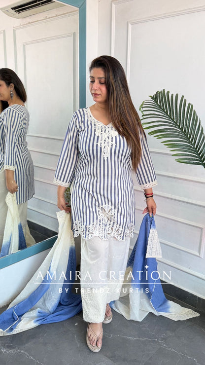 Premium Cotton Sky Blue Color Chicken Cotton Farsi Salwar Set With Tie Dye Dupatta