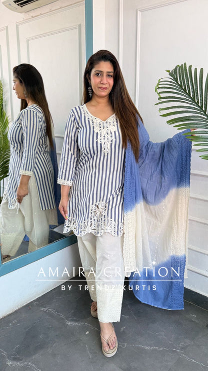 Premium Cotton Sky Blue Color Chicken Cotton Farsi Salwar Set With Tie Dye Dupatta