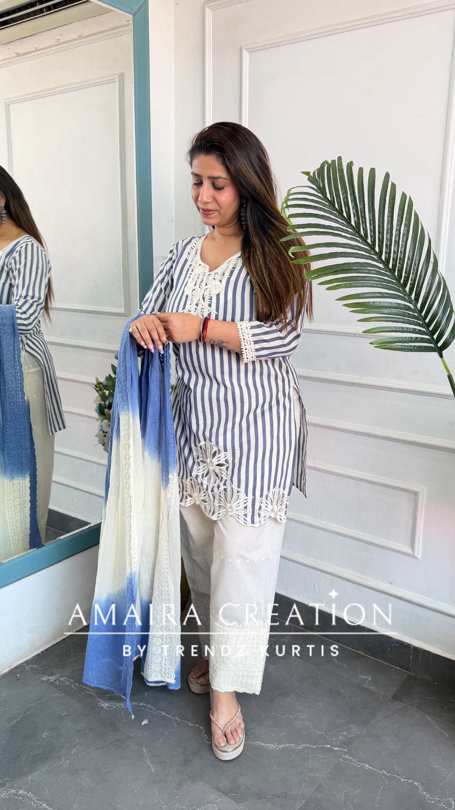 Premium Cotton Sky Blue Color Chicken Cotton Farsi Salwar Set With Tie Dye Dupatta