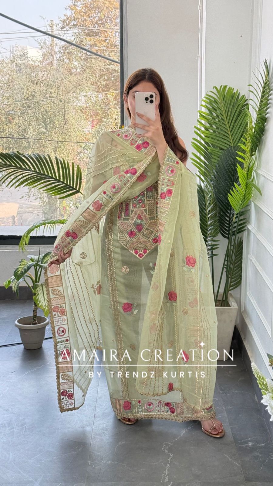 Premium Organza Fabric Pista green Colour Beautiful Thread Embroidered Zari Work Unstitched Suit