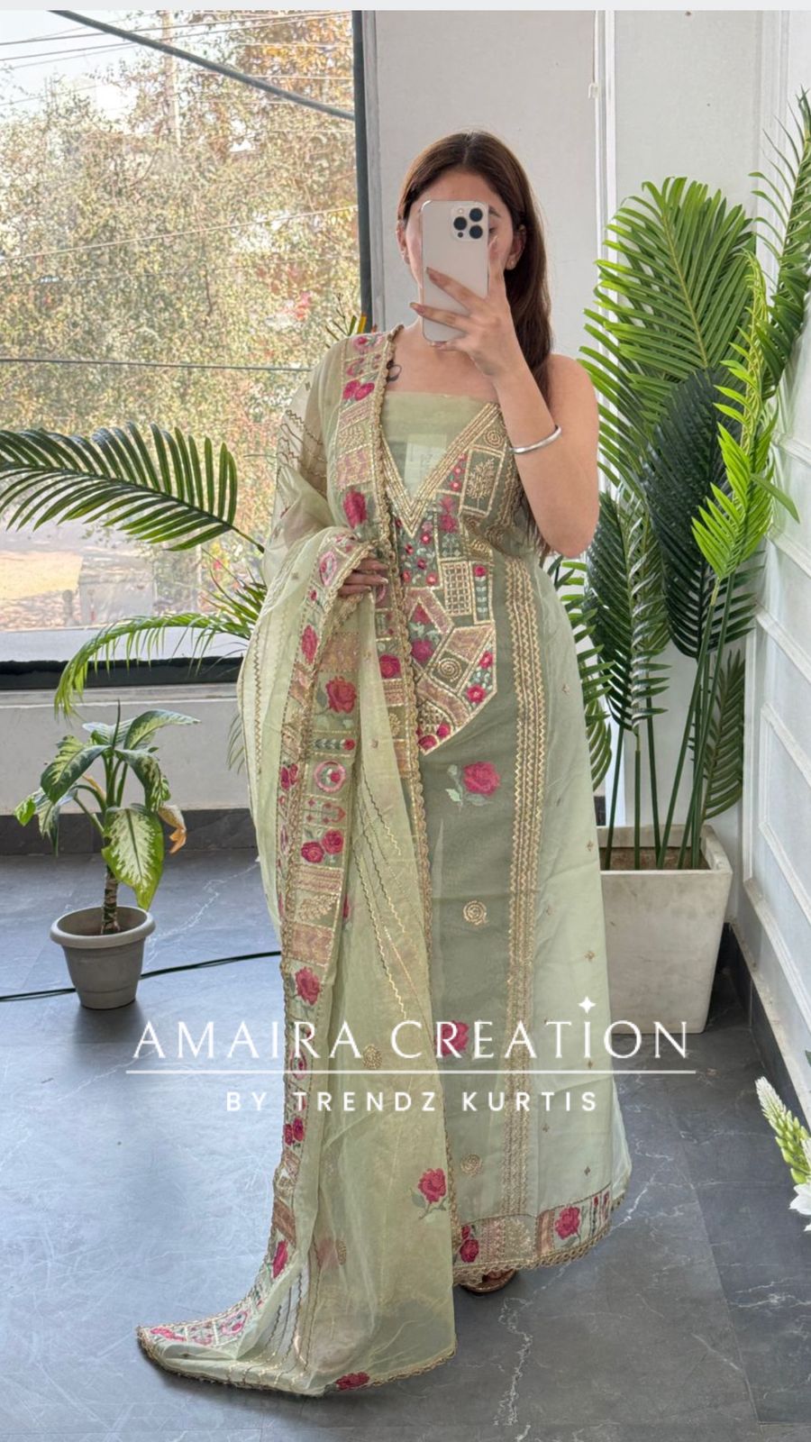 Premium Organza Fabric Pista green Colour Beautiful Thread Embroidered Zari Work Unstitched Suit