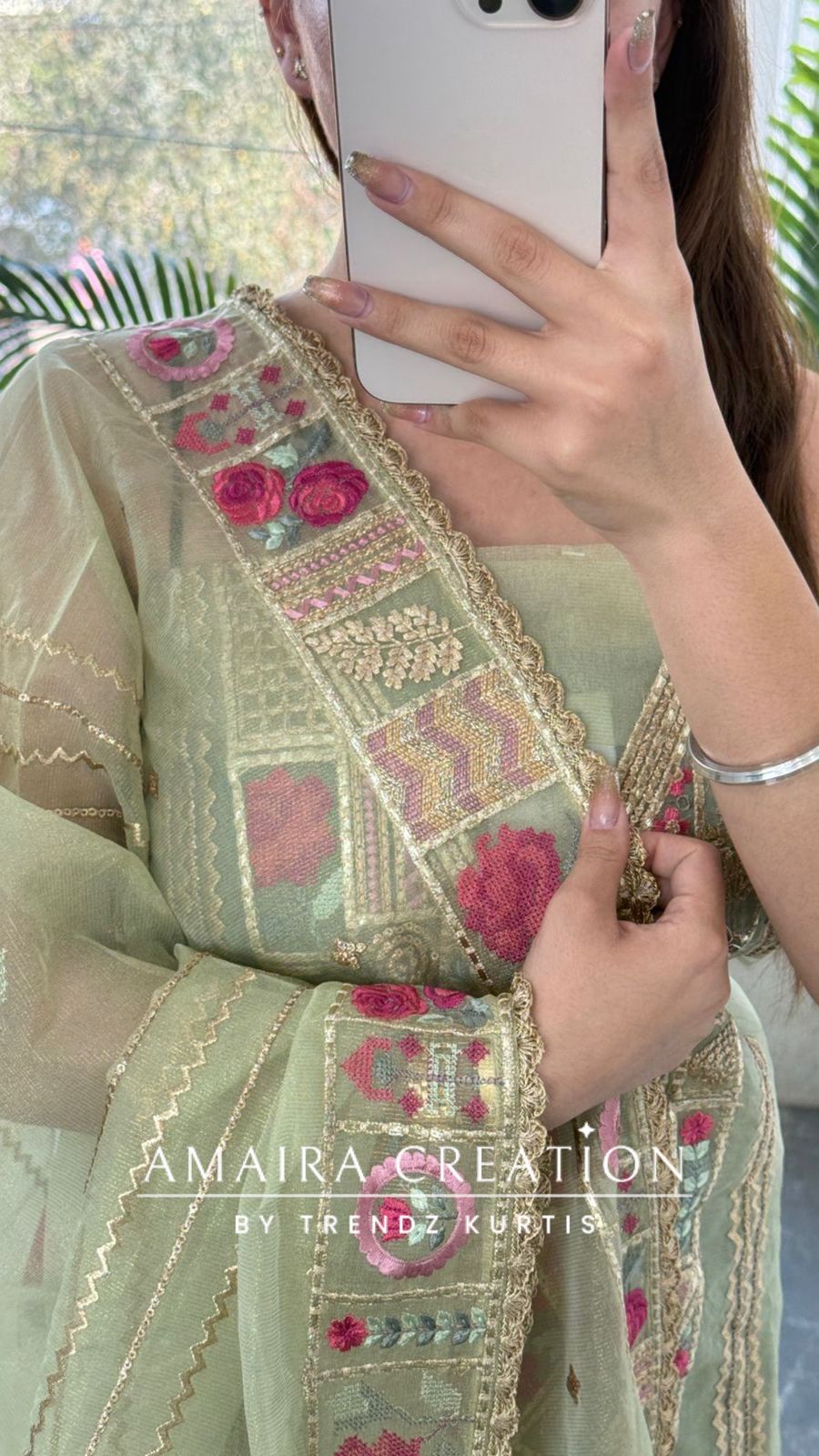 Premium Organza Fabric Pista green Colour Beautiful Thread Embroidered Zari Work Unstitched Suit