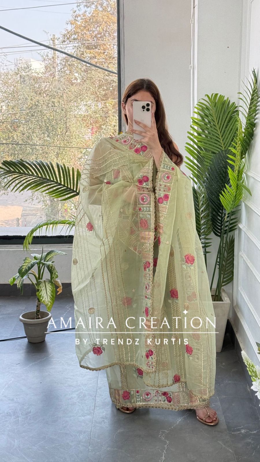 Premium Organza Fabric Pista green Colour Beautiful Thread Embroidered Zari Work Unstitched Suit