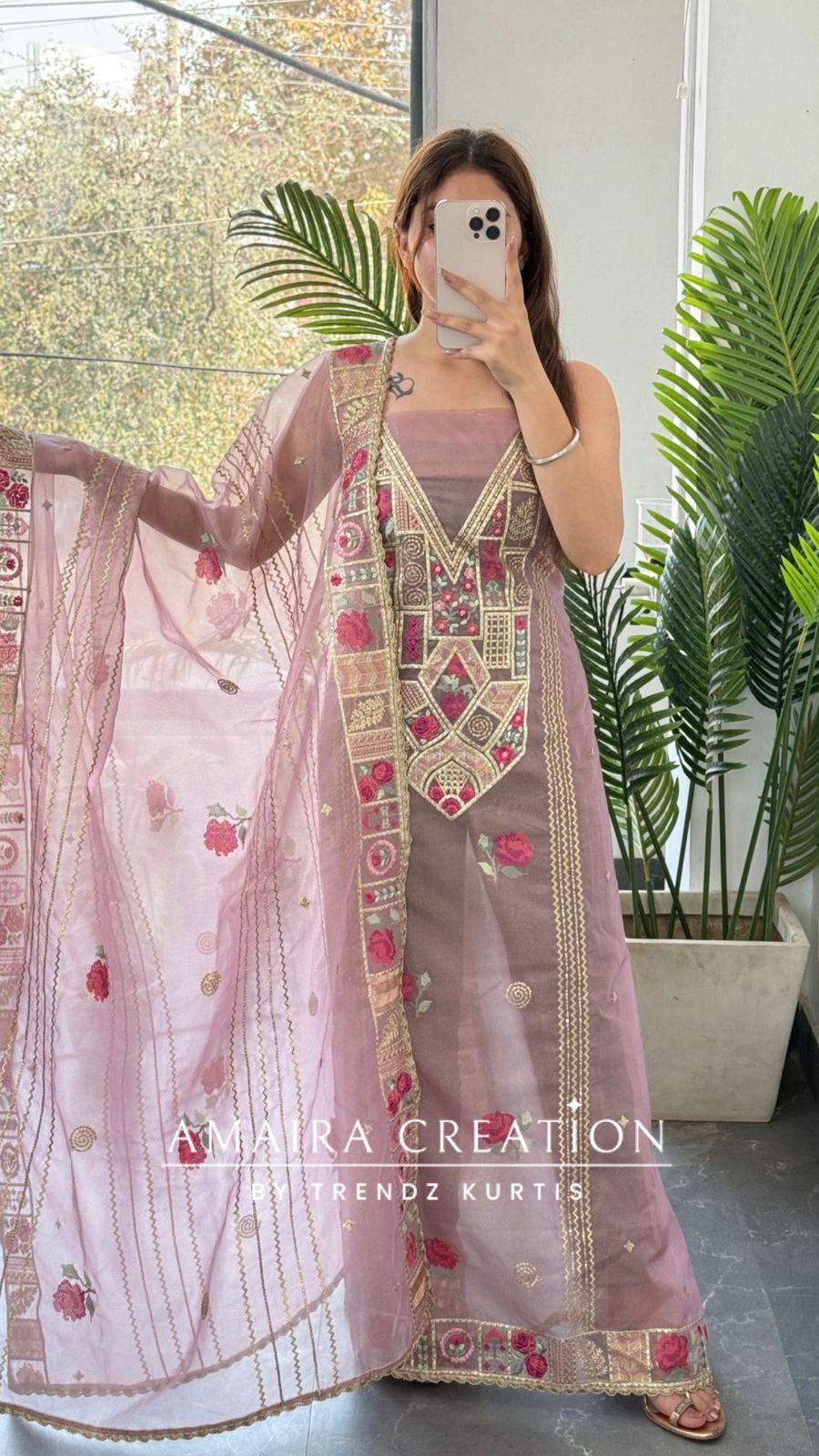Premium Organza Fabric onion  Colour Beautiful Thread Embroidered Zari Work Unstitched Suit