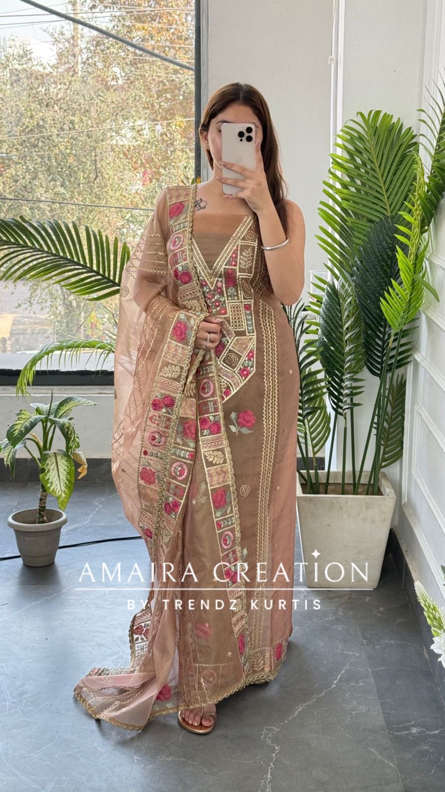 Premium Organza Fabric peach Colour Beautiful Thread Embroidered Zari Work Unstitched Suit