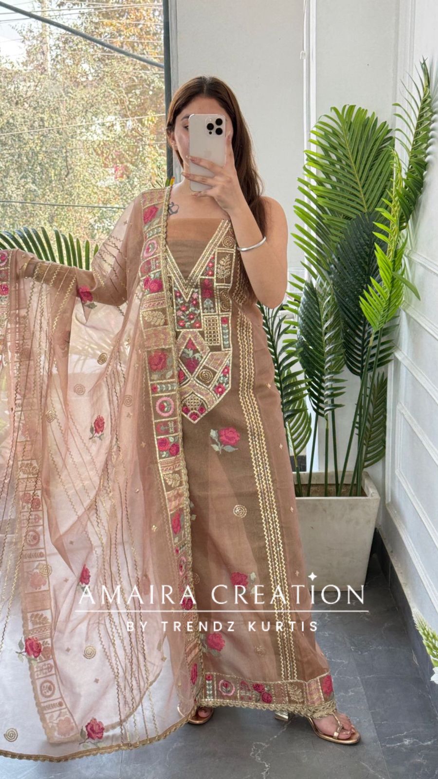Premium Organza Fabric peach Colour Beautiful Thread Embroidered Zari Work Unstitched Suit