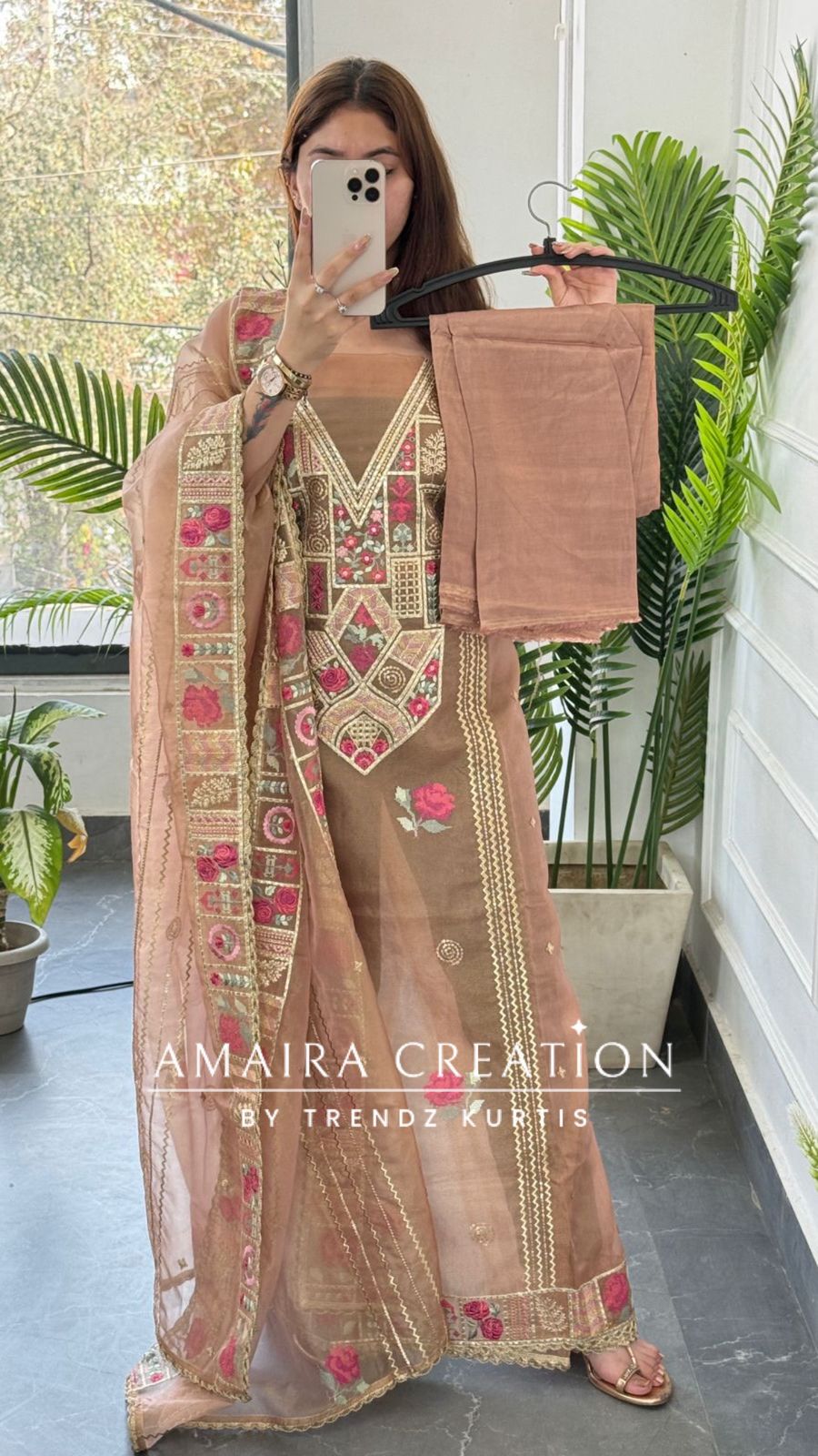 Premium Organza Fabric peach Colour Beautiful Thread Embroidered Zari Work Unstitched Suit