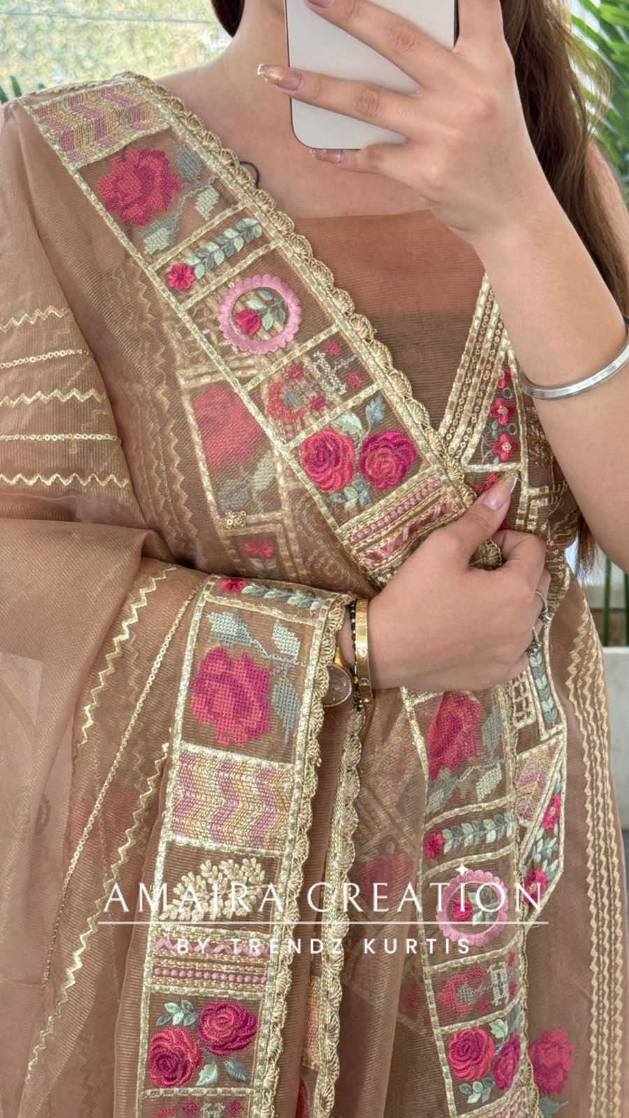 Premium Organza Fabric peach Colour Beautiful Thread Embroidered Zari Work Unstitched Suit