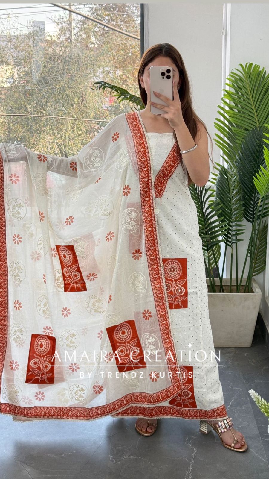 Premium Chicken Cotton Cream Rust Colour Unstitched Suit