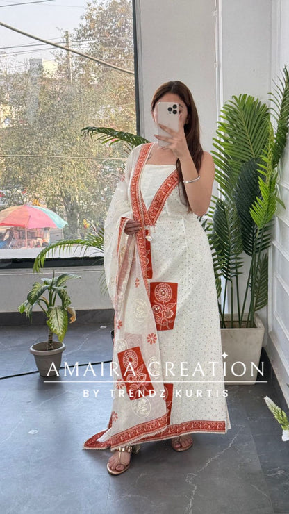 Premium Chicken Cotton Cream Rust Colour Unstitched Suit