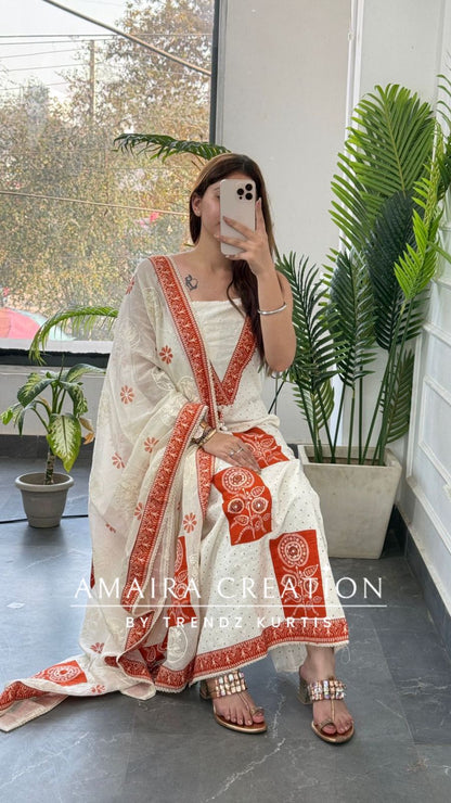 Premium Chicken Cotton Cream Rust Colour Unstitched Suit