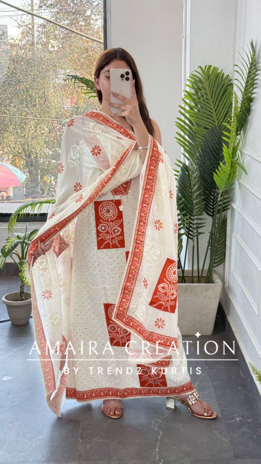 Premium Chicken Cotton Cream Rust Colour Unstitched Suit