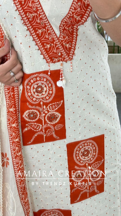 Premium Chicken Cotton Cream Rust Colour Unstitched Suit