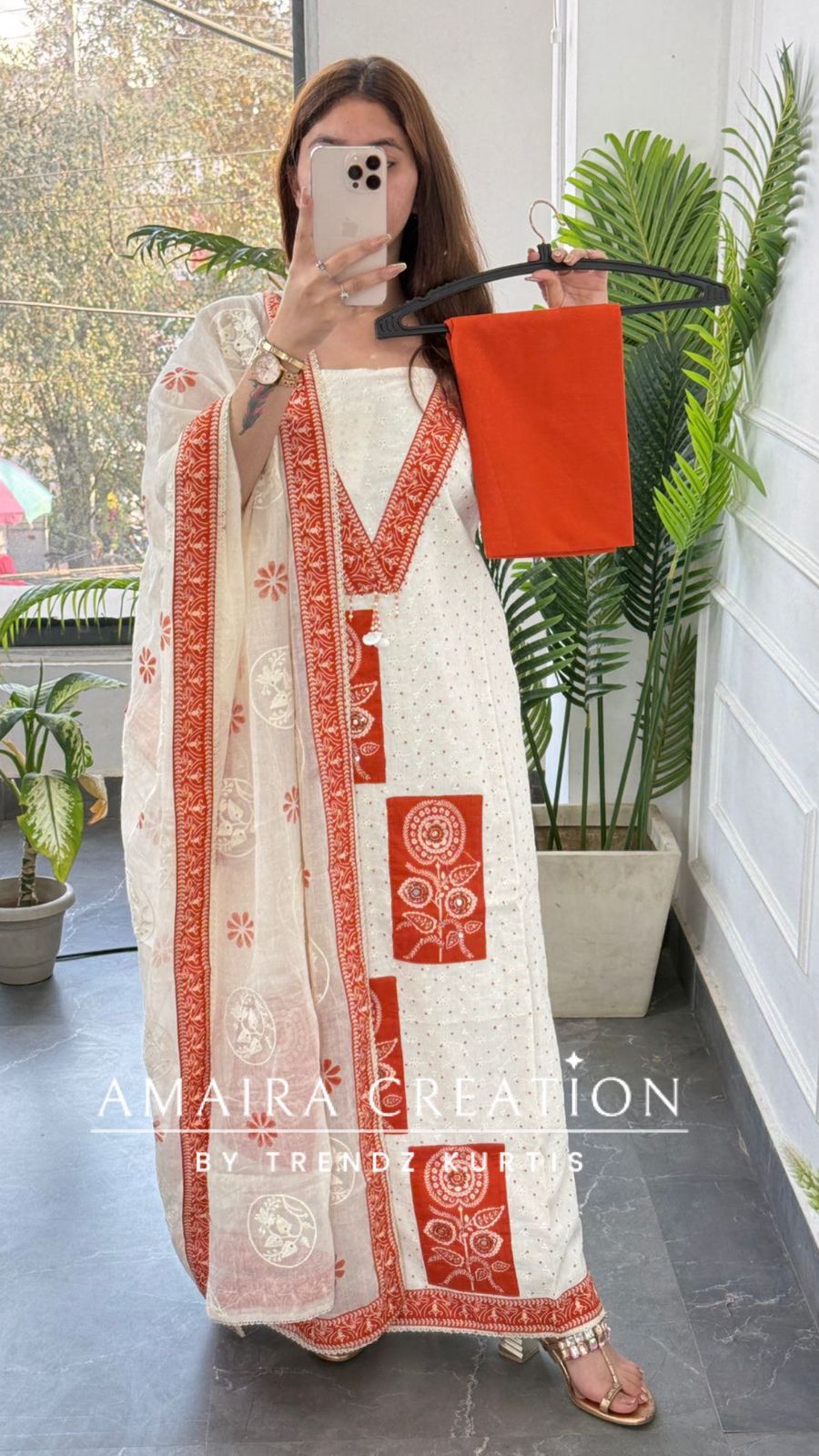 Premium Chicken Cotton Cream Rust Colour Unstitched Suit