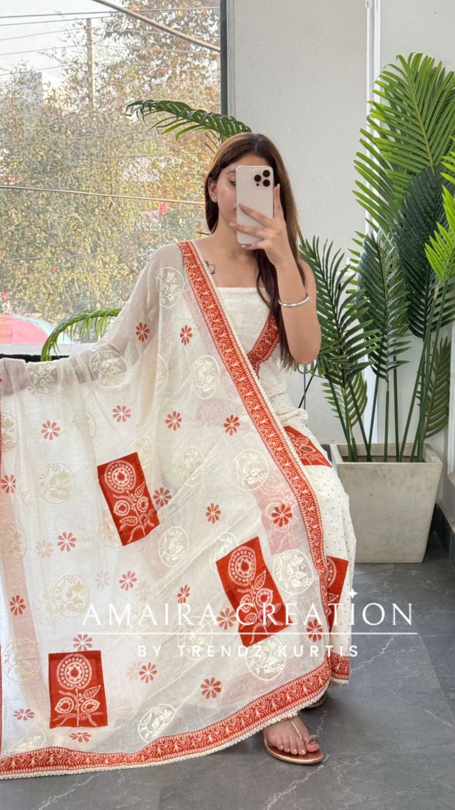 Premium Chicken Cotton Cream Rust Colour Unstitched Suit