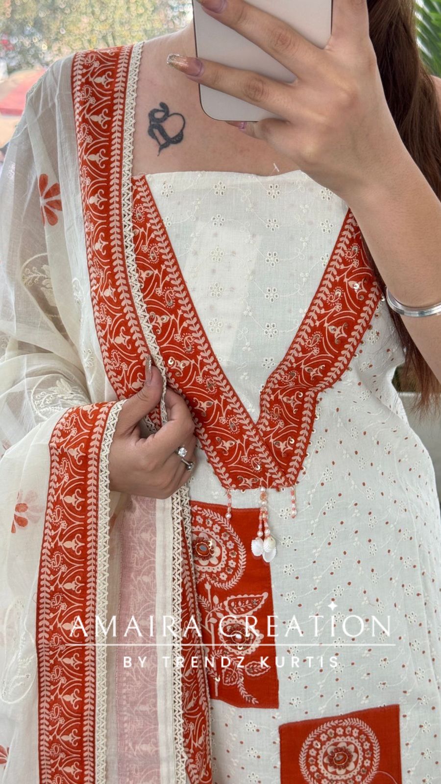 Premium Chicken Cotton Cream Rust Colour Unstitched Suit