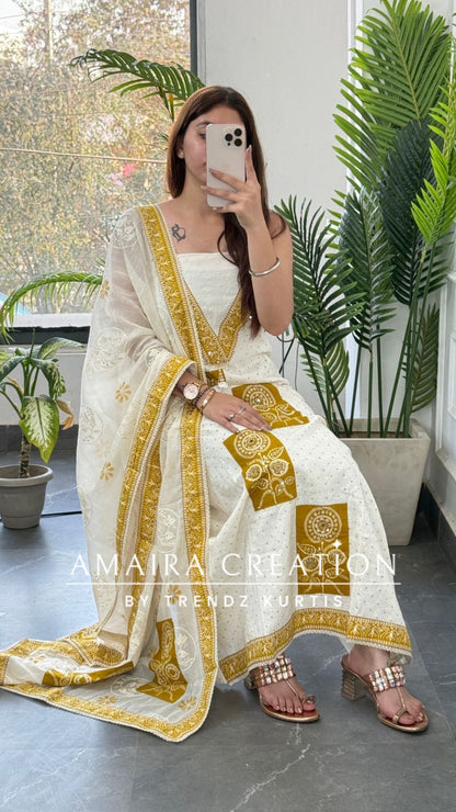 Premium Chicken Cotton Cream Mustard Colour Unstitched Suit