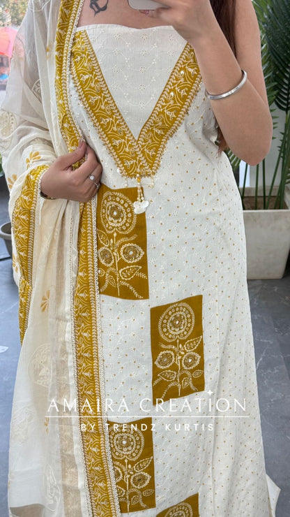 Premium Chicken Cotton Cream Mustard Colour Unstitched Suit