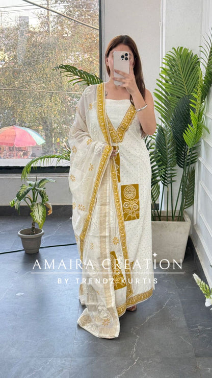 Premium Chicken Cotton Cream Mustard Colour Unstitched Suit