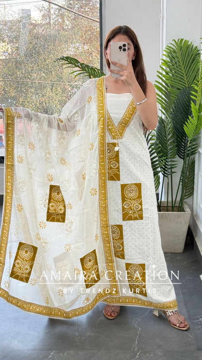 Premium Chicken Cotton Cream Mustard Colour Unstitched Suit