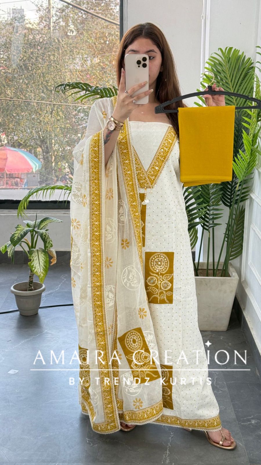 Premium Chicken Cotton Cream Mustard Colour Unstitched Suit