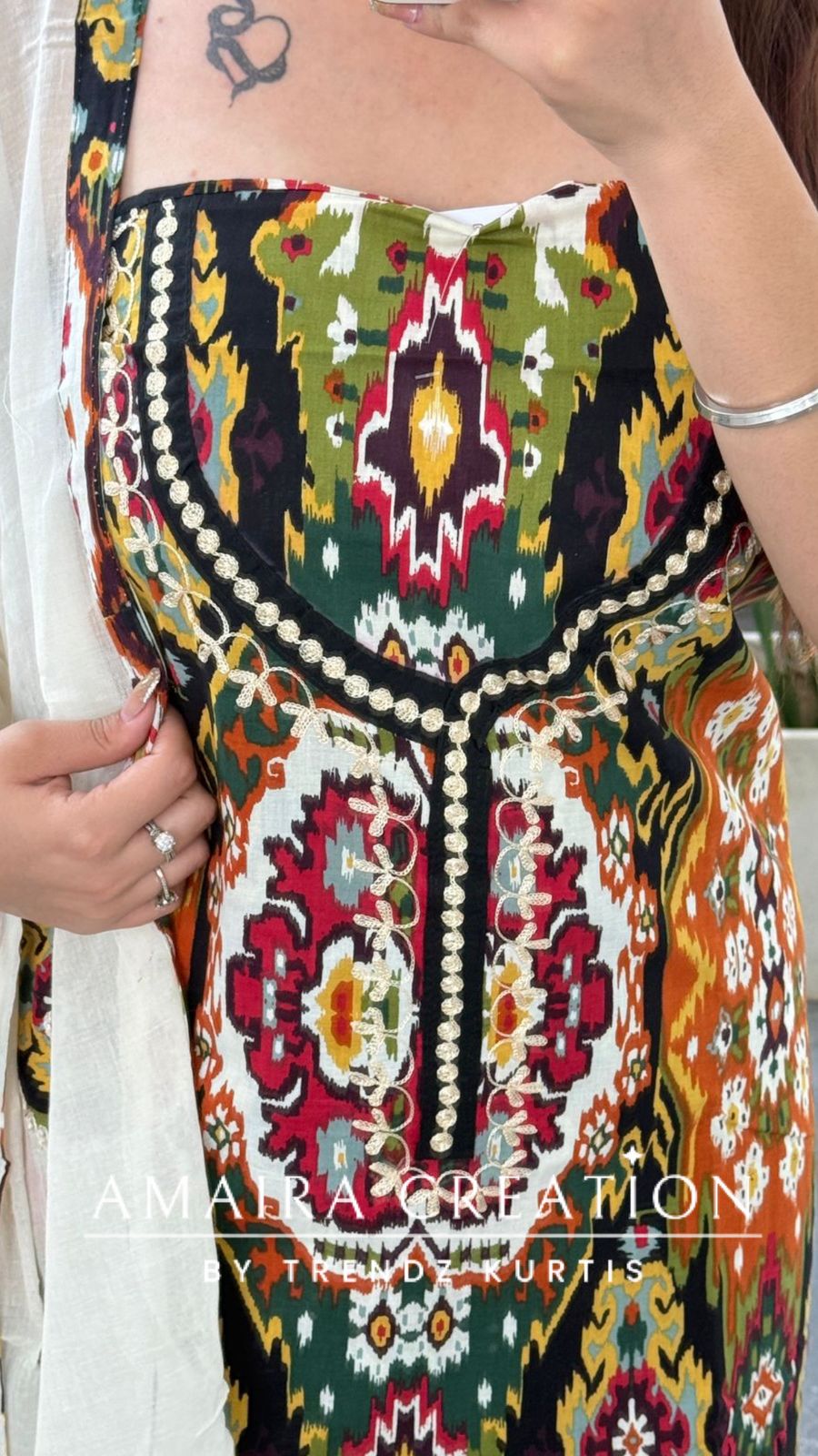 Premium Cotton Ikkat Print Black Colour Unstitched Suit