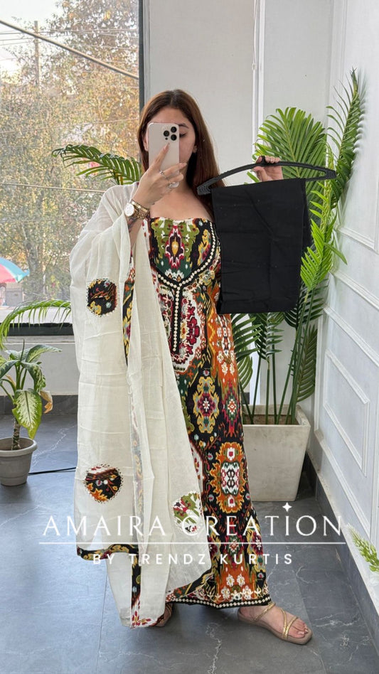 Premium Cotton Ikkat Print Black Colour Unstitched Suit