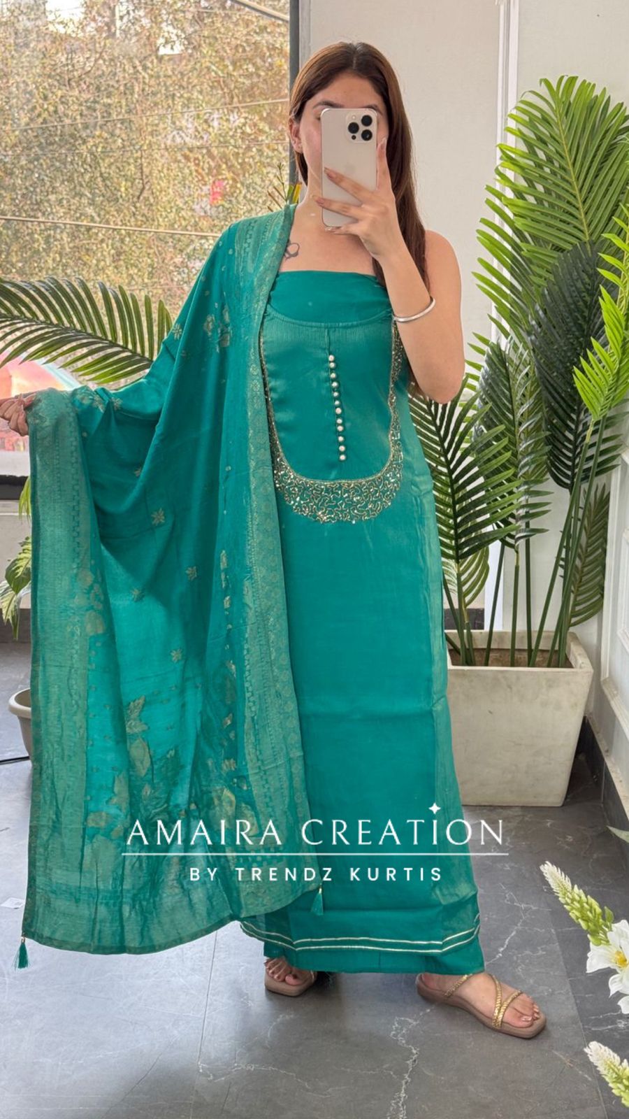 Premium Muslin Shimmer Firozi Designer Neckline Unstitched Suit With Banarasi Dupatta