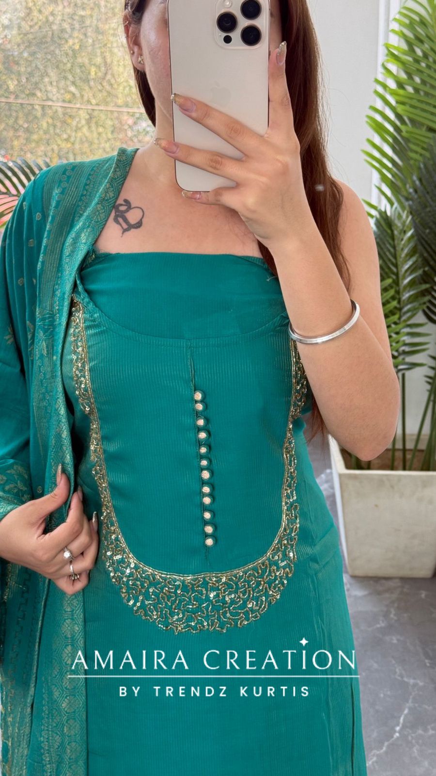 Premium Muslin Shimmer Firozi Designer Neckline Unstitched Suit With Banarasi Dupatta