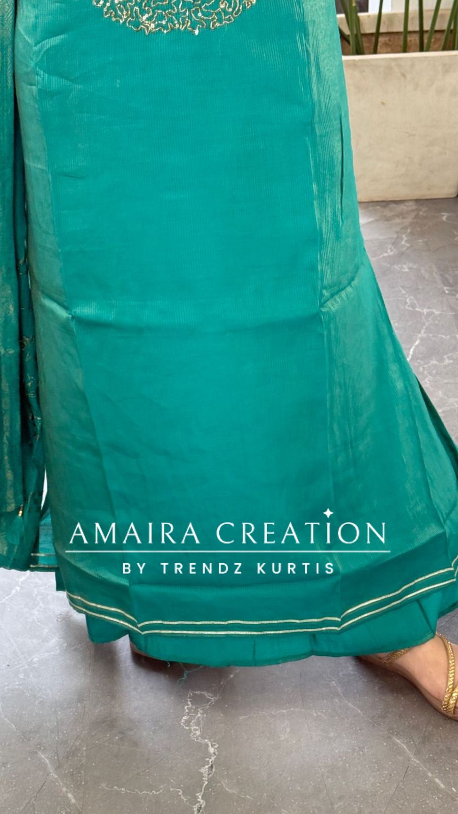 Premium Muslin Shimmer Firozi Designer Neckline Unstitched Suit With Banarasi Dupatta
