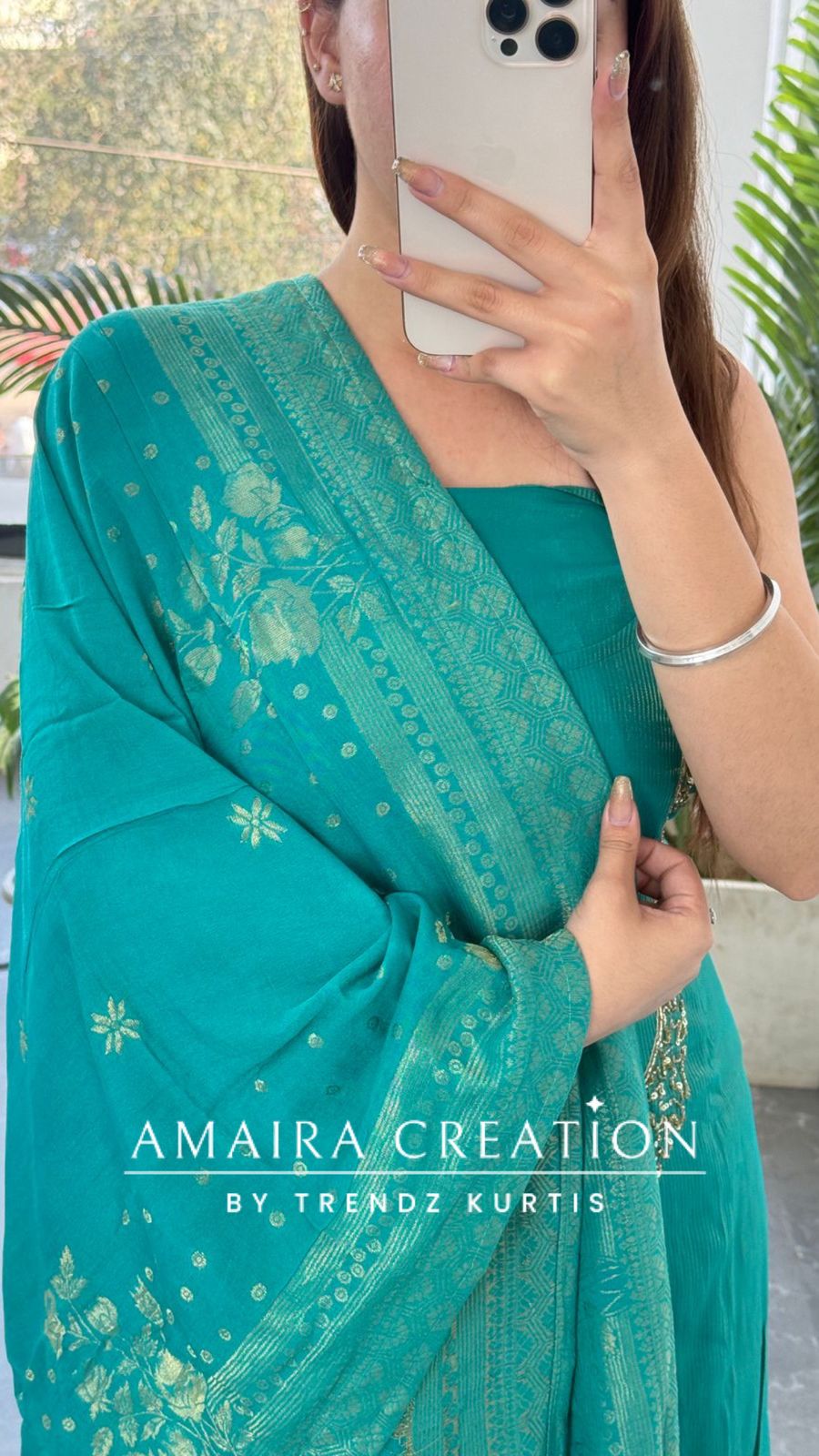 Premium Muslin Shimmer Firozi Designer Neckline Unstitched Suit With Banarasi Dupatta