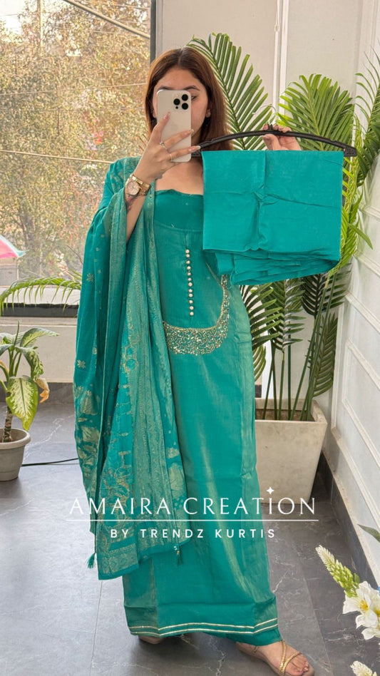 Premium Muslin Shimmer Firozi Designer Neckline Unstitched Suit With Banarasi Dupatta