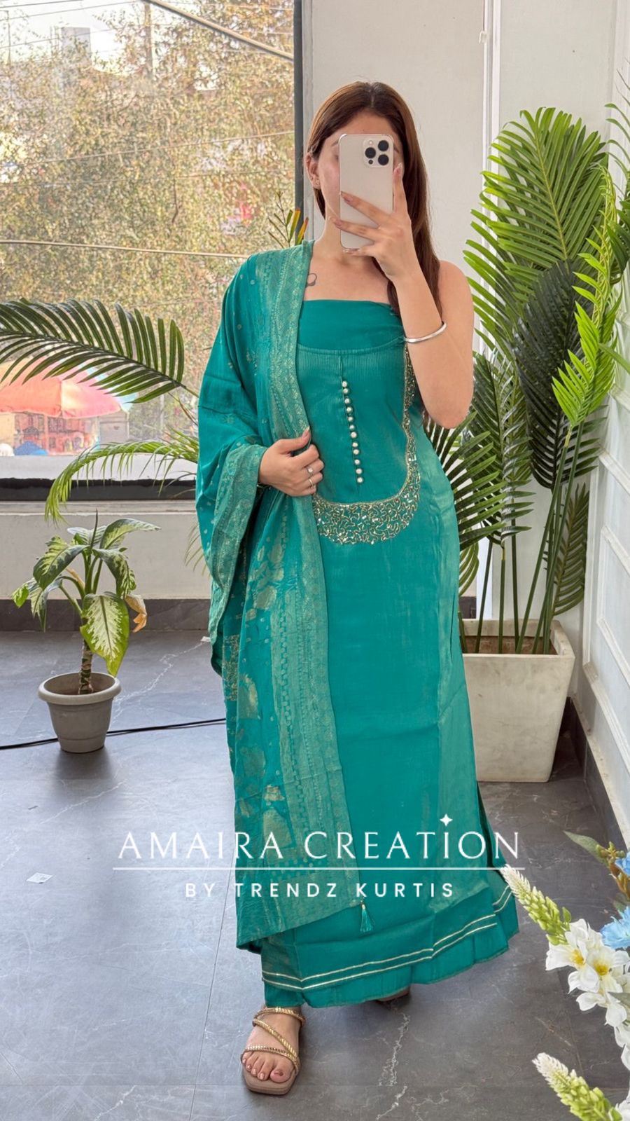 Premium Muslin Shimmer Firozi Designer Neckline Unstitched Suit With Banarasi Dupatta