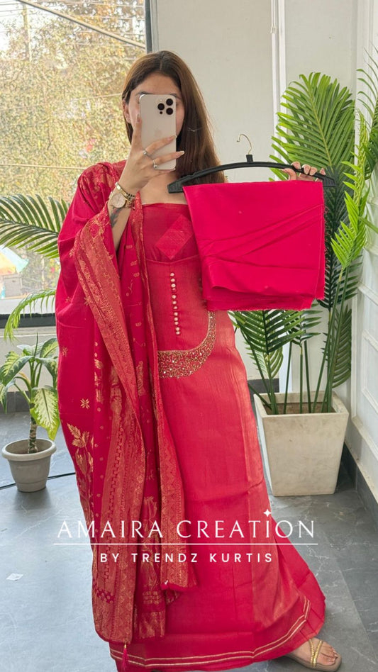 Premium Muslin Shimmer Magenta Designer Neckline Unstitched Suit With Banarasi Dupatta