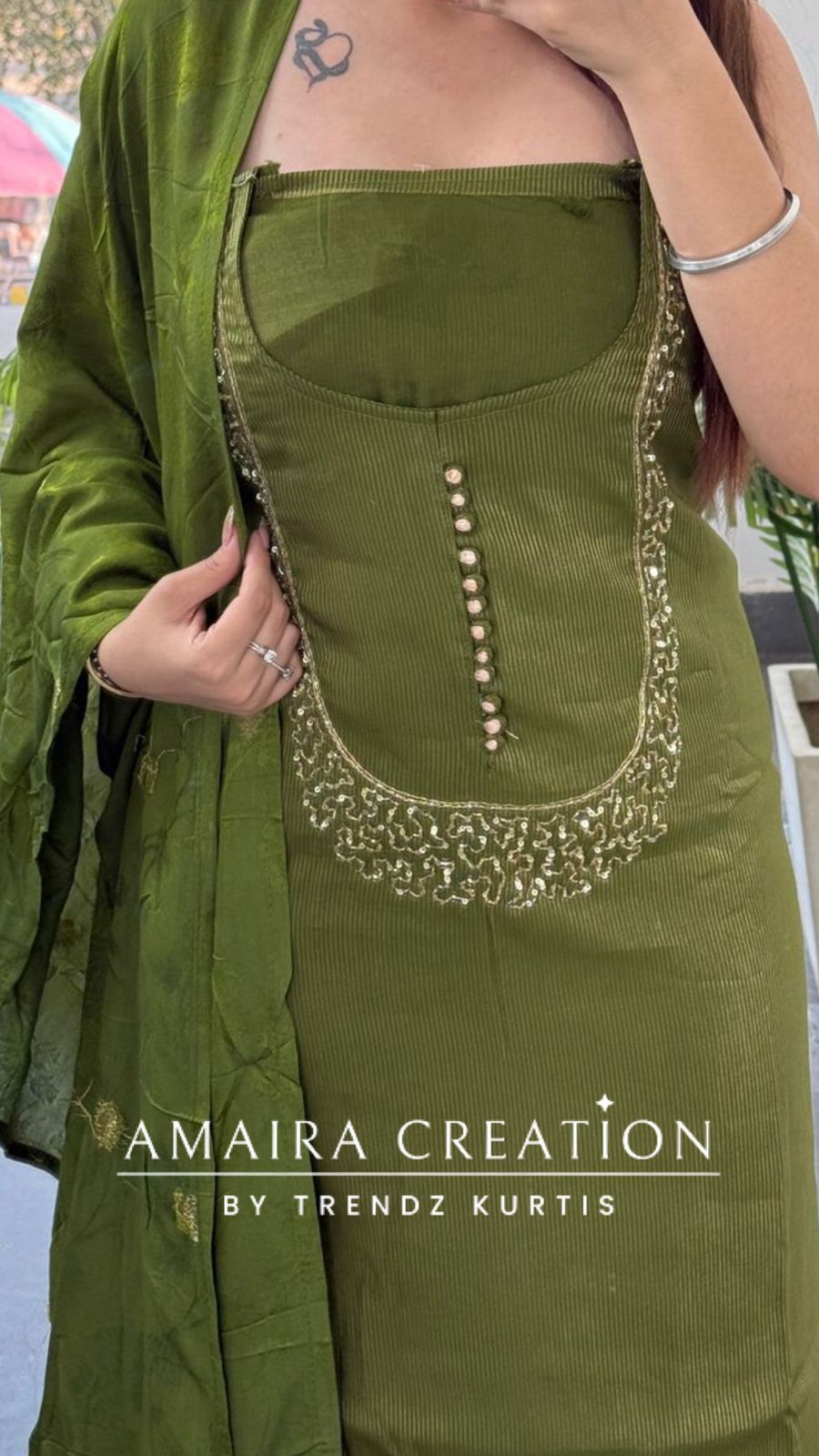 Premium Muslin Shimmer Green Designer Neckline Unstitched Suit With Banarasi Dupatta