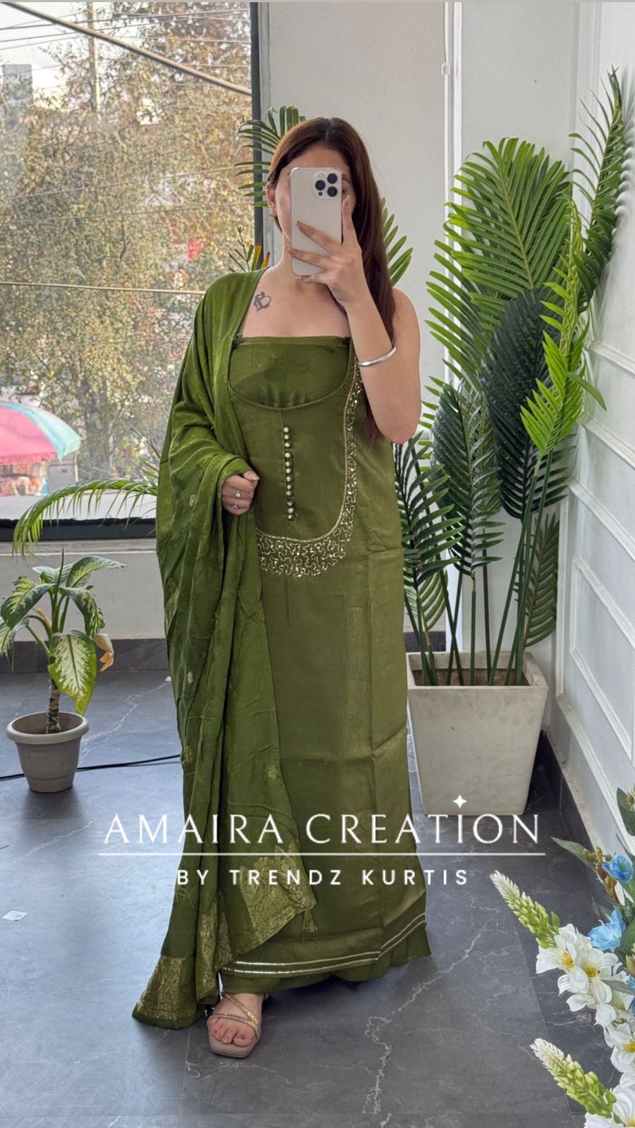 Premium Muslin Shimmer Green Designer Neckline Unstitched Suit With Banarasi Dupatta