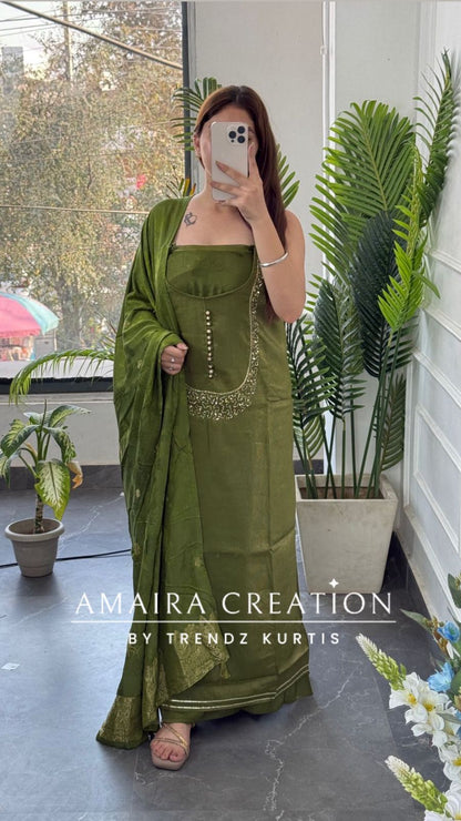 Premium Muslin Shimmer Green Designer Neckline Unstitched Suit With Banarasi Dupatta