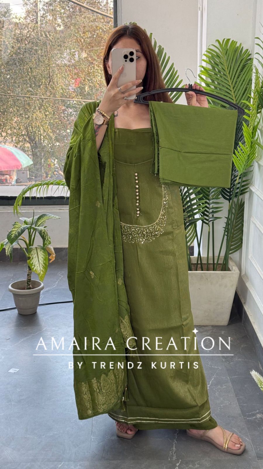 Premium Muslin Shimmer Green Designer Neckline Unstitched Suit With Banarasi Dupatta