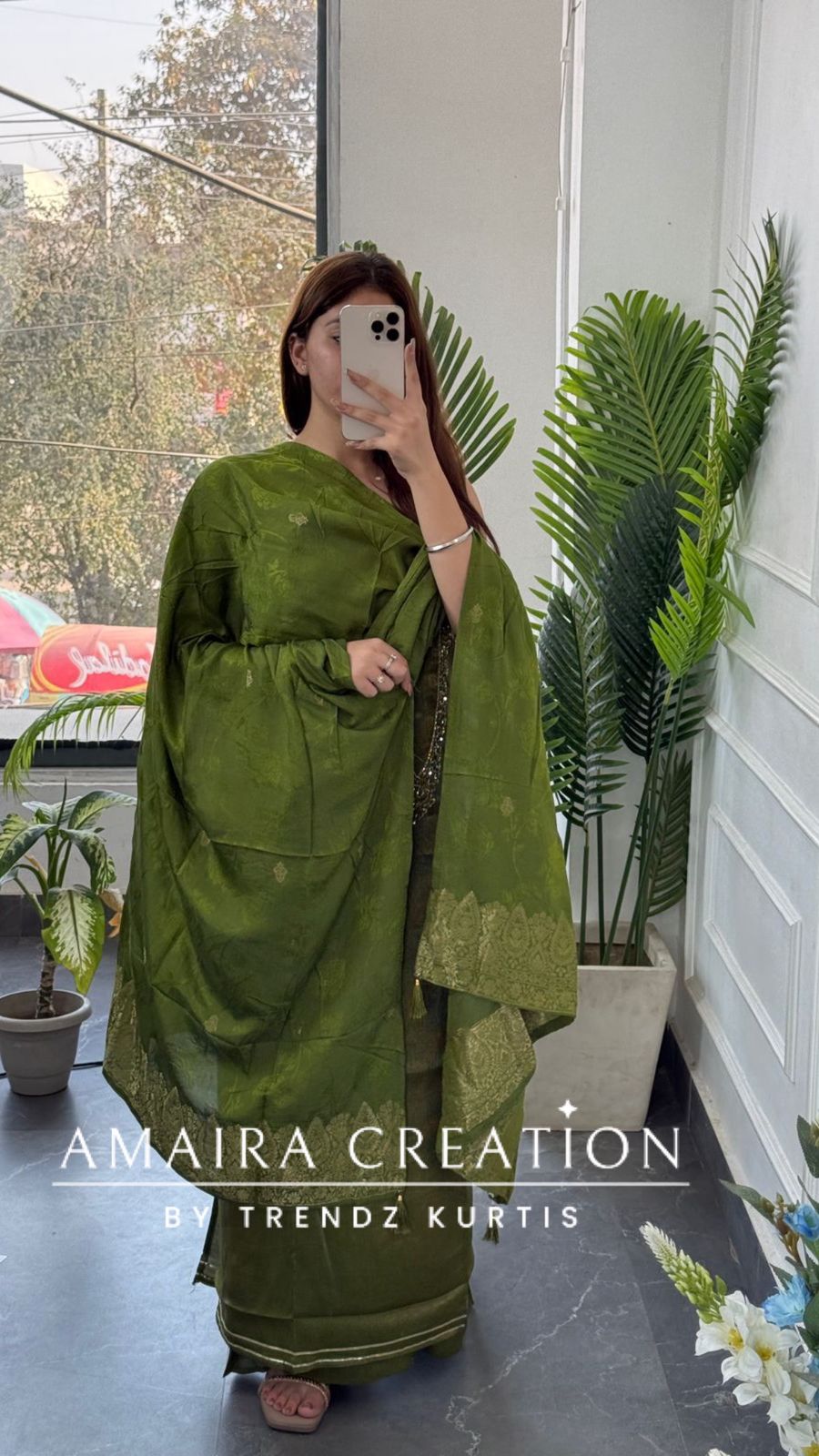 Premium Muslin Shimmer Green Designer Neckline Unstitched Suit With Banarasi Dupatta