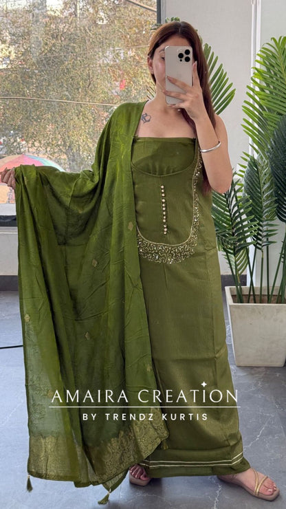 Premium Muslin Shimmer Green Designer Neckline Unstitched Suit With Banarasi Dupatta